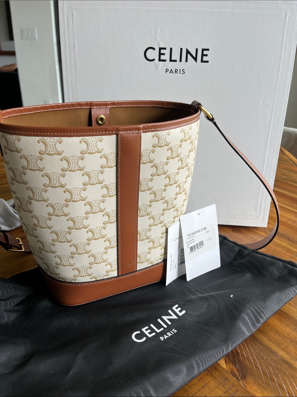 CELINE Triomphe Canvas & Calfskin Small Bucket Bag White